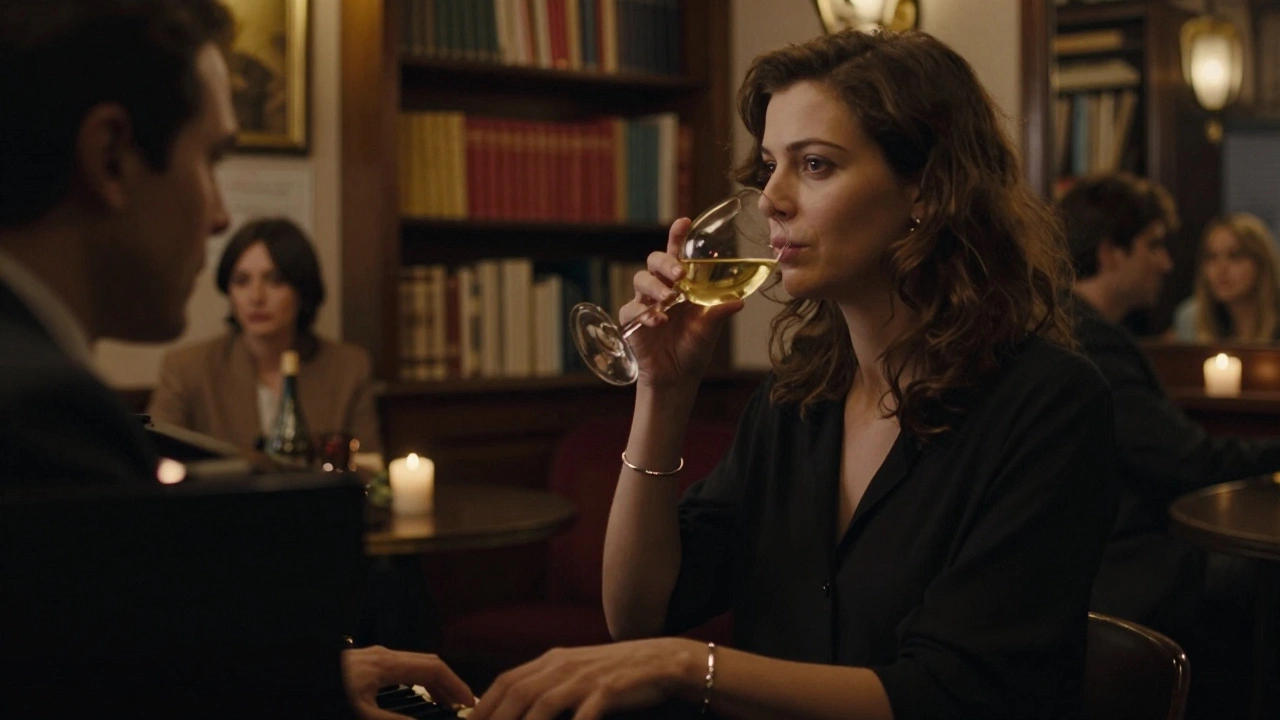 A woman listens intently to jazz in a dimly lit Parisian club, candlelight reflecting off her jewelry.