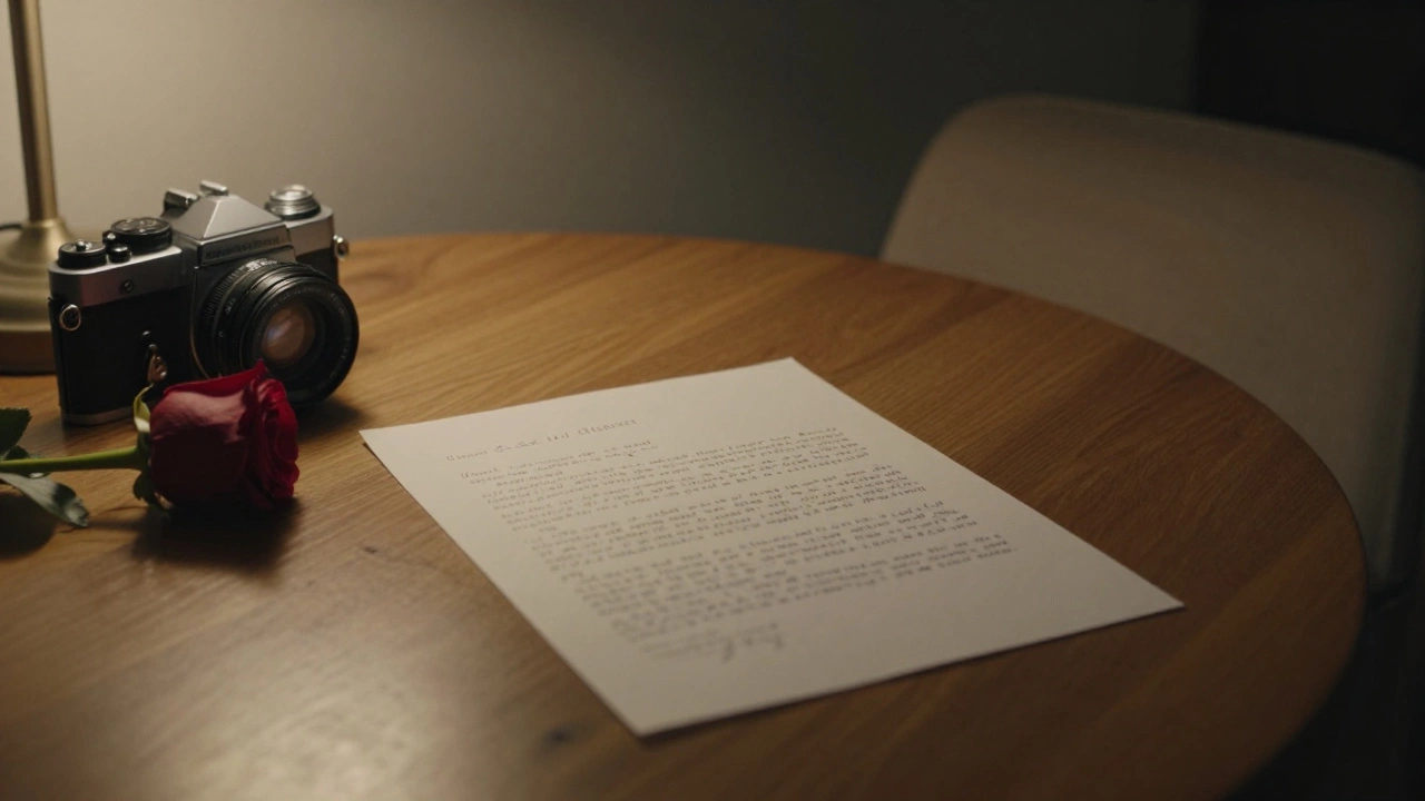 Handwritten agreement and vintage camera on wooden table, warm lamp light, rose beside them.