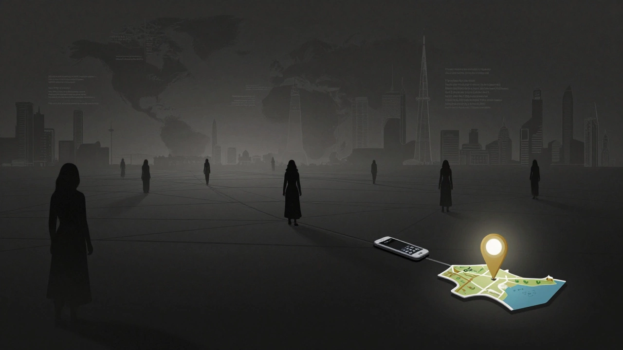 Shadowy network of threads connecting San Francisco to Dubai, symbolizing hidden support networks.